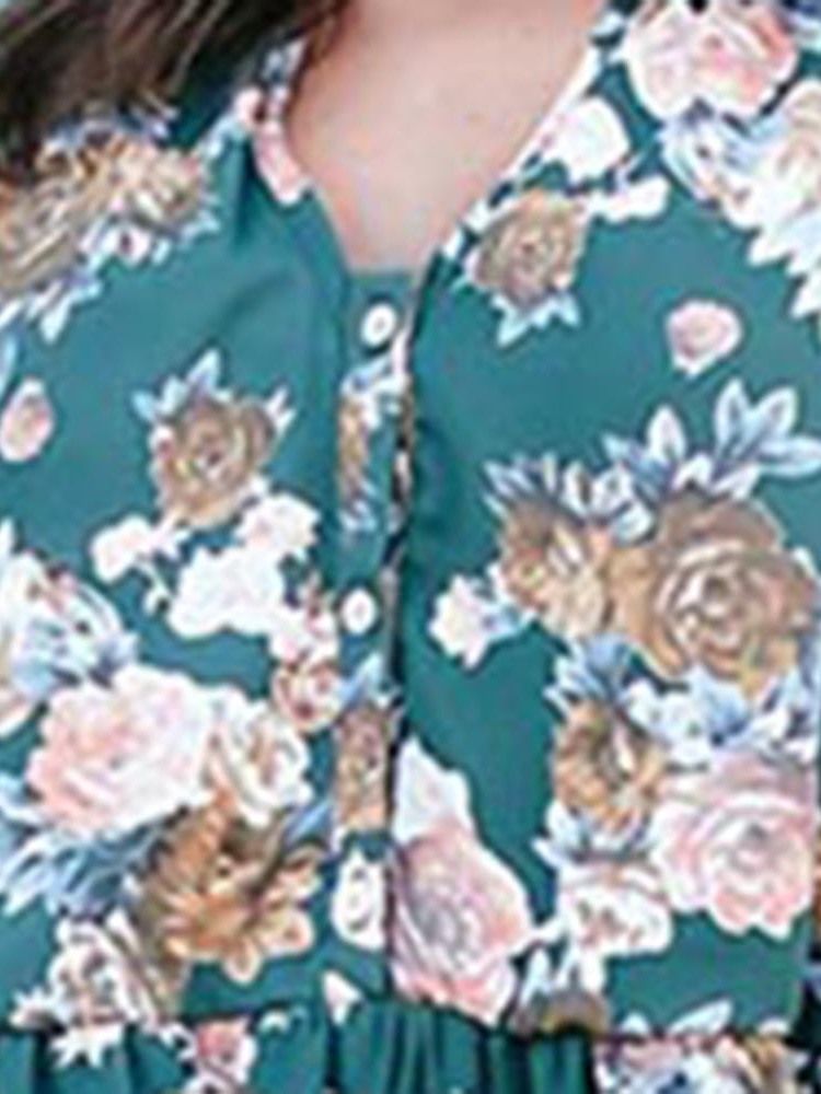 Robe À Fleurs Régulière À Manches Lanternes Et Col En V Au-dessus Du Genou Pour Femmes