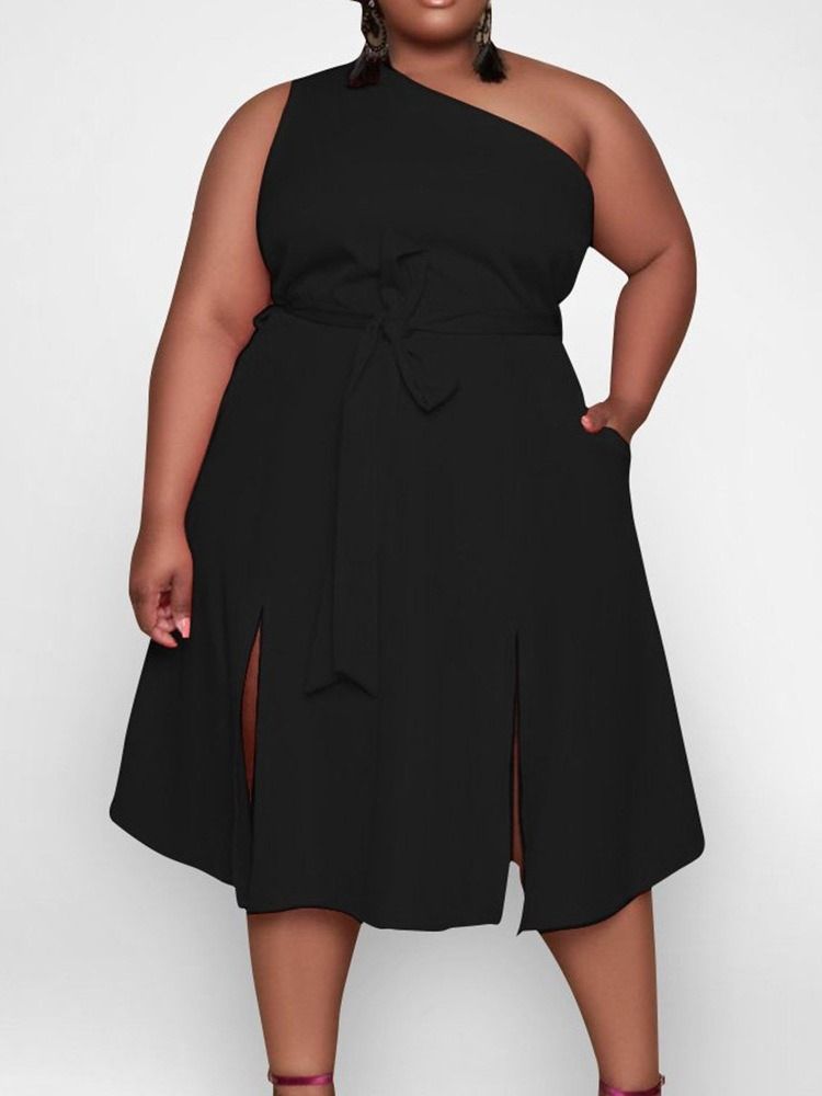 Robe De Grande Taille Pour Femme À Col Oblique Et Sans Manches À Mi-mollet