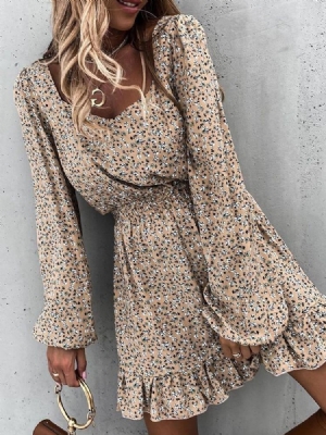 Robe Imprimée Au-dessus Du Genou À Manches Longues Et Pull Floral Pour Femmes