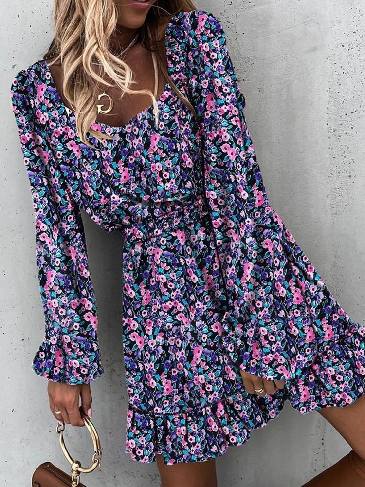 Robe Imprimée Au-dessus Du Genou À Manches Longues Et Pull Floral Pour Femmes