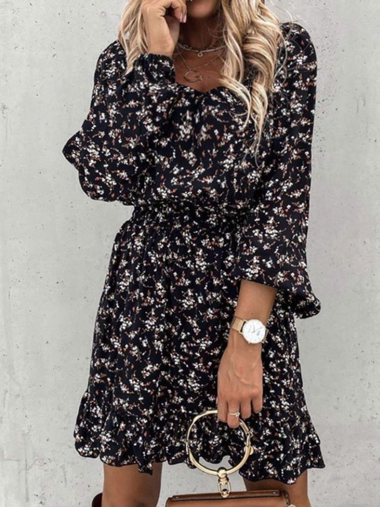 Robe Imprimée Au-dessus Du Genou À Manches Longues Et Pull Floral Pour Femmes