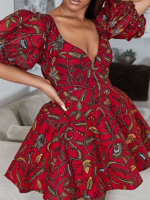 Robe Imprimée À Col En V Au-dessus Du Genou Pour Femmes