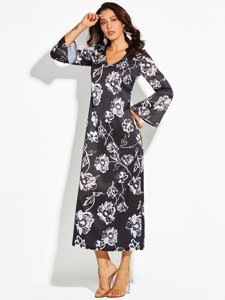 Robe De Jour À Manches Évasées Et À Col En V Pour Femme