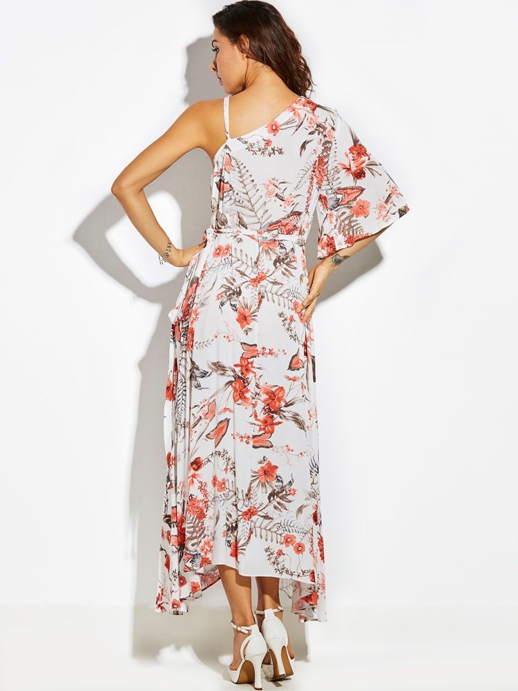 Robe Longue Asymétrique À Une Épaule Et Demi-manches Pour Femmes