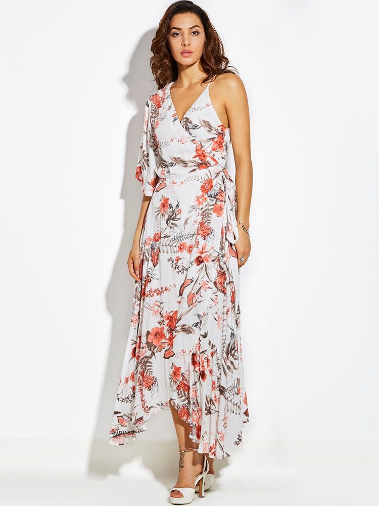 Robe Longue Asymétrique À Une Épaule Et Demi-manches Pour Femmes