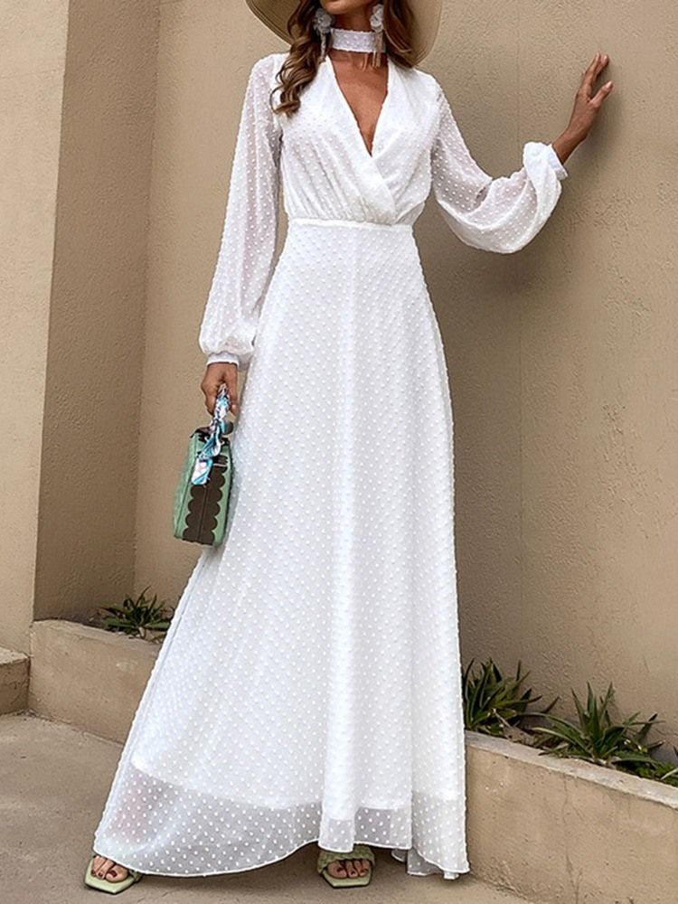 Robe Longue Blanche À Manches Longues Et Col En V Pour Femmes