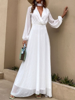 Robe Longue Blanche À Manches Longues Et Col En V Pour Femmes