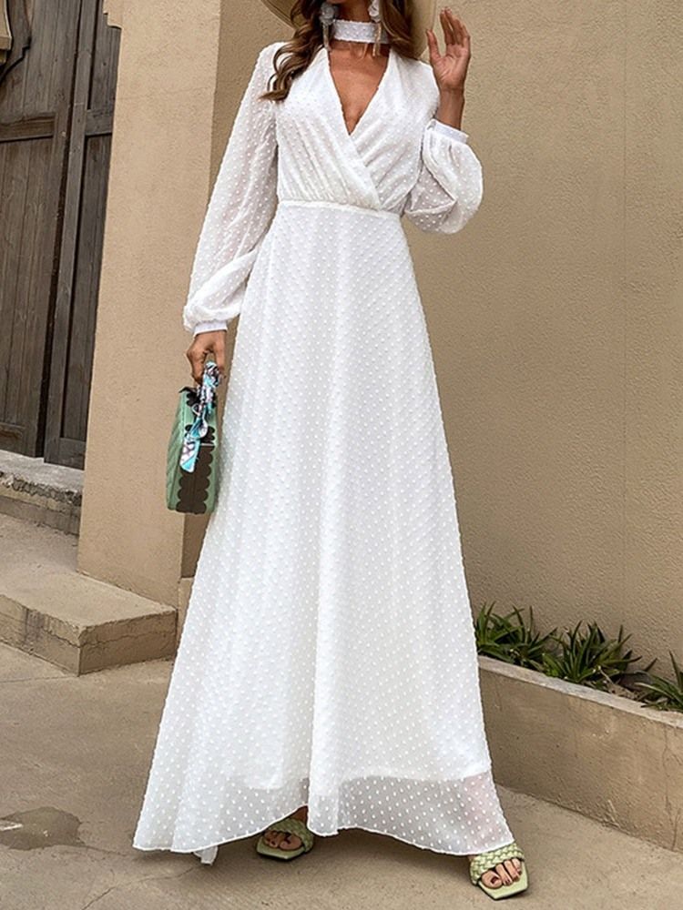 Robe Longue Blanche À Manches Longues Et Col En V Pour Femmes