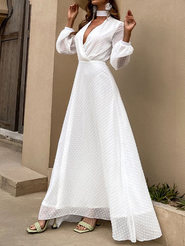 Robe Longue Blanche À Manches Longues Et Col En V Pour Femmes