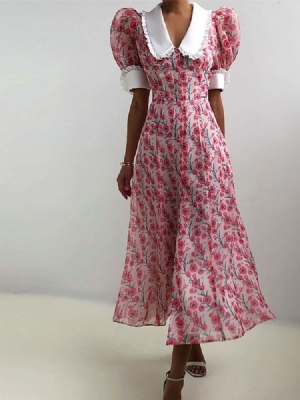 Robe Longue Coréenne À Boutonnage Simple Et Col Claudine À Manches Courtes Et Mi-mollet Pour Femmes