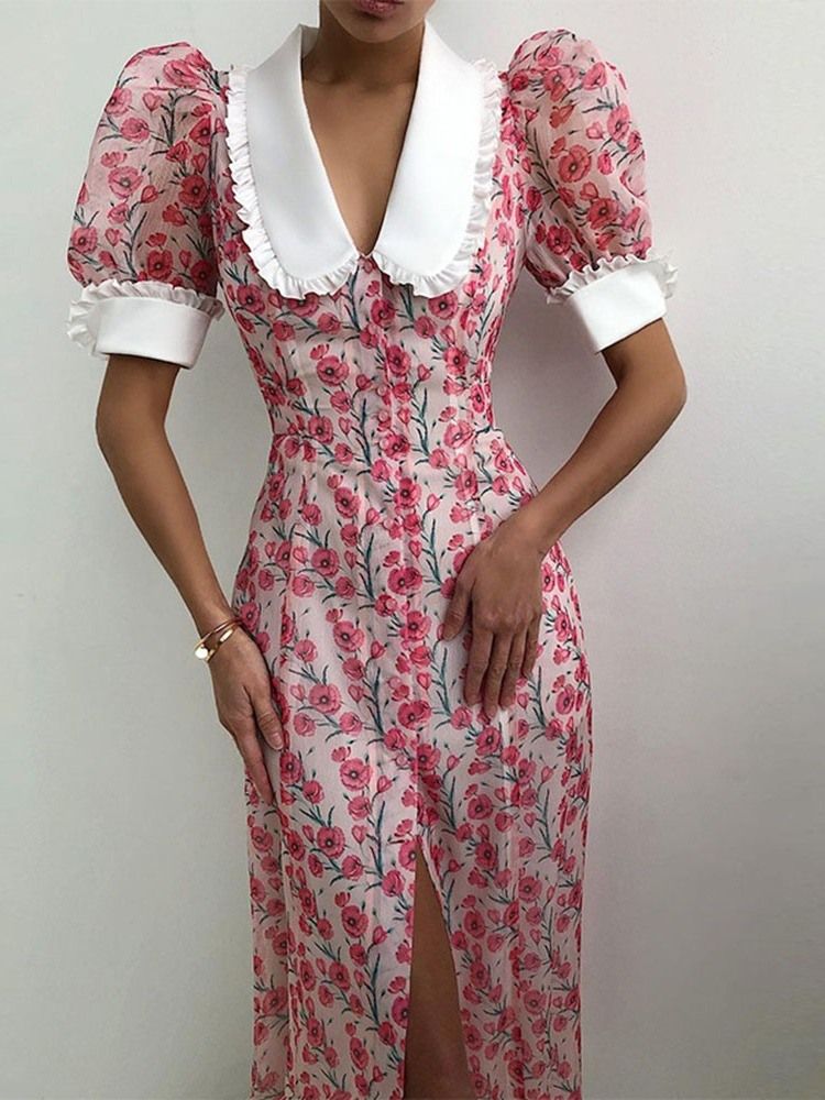 Robe Longue Coréenne À Boutonnage Simple Et Col Claudine À Manches Courtes Et Mi-mollet Pour Femmes