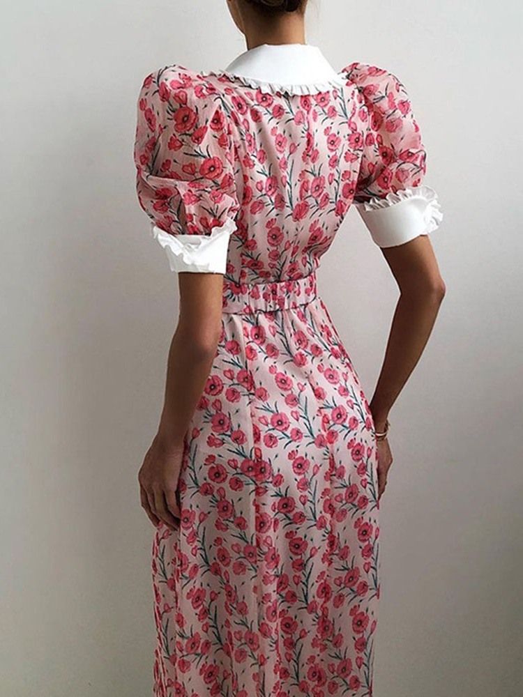 Robe Longue Coréenne À Boutonnage Simple Et Col Claudine À Manches Courtes Et Mi-mollet Pour Femmes