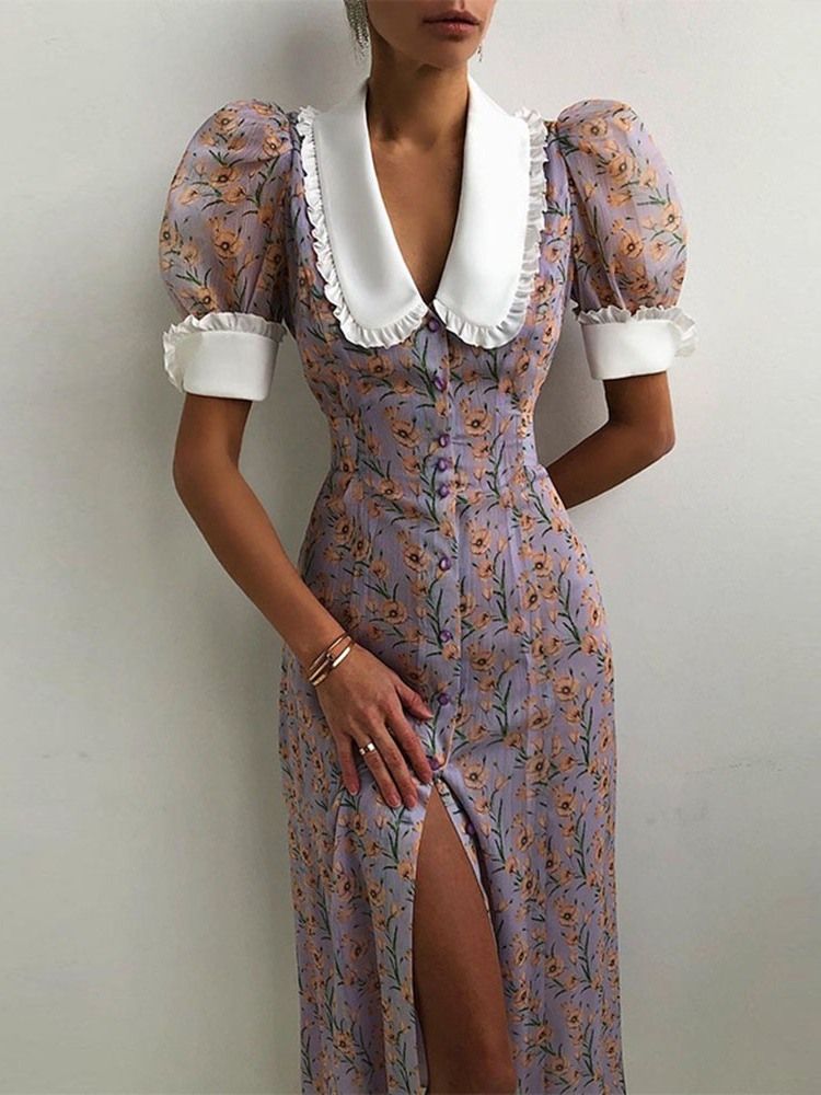 Robe Longue Coréenne À Boutonnage Simple Et Col Claudine À Manches Courtes Et Mi-mollet Pour Femmes