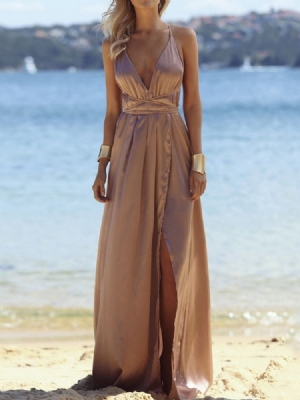 Robe Longue À Encolure En V Sans Manches Et Longue Au Sol Pour Femmes