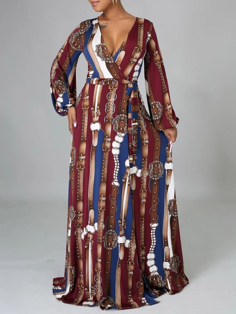 Robe Longue Fleurie À Manches Longues Et À Encolure En V Pour Femmes