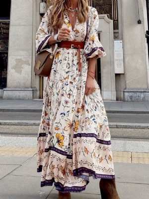 Robe Longue Fleurie À Manches Trois-quarts Et Imprimé Au Sol Pour Femmes