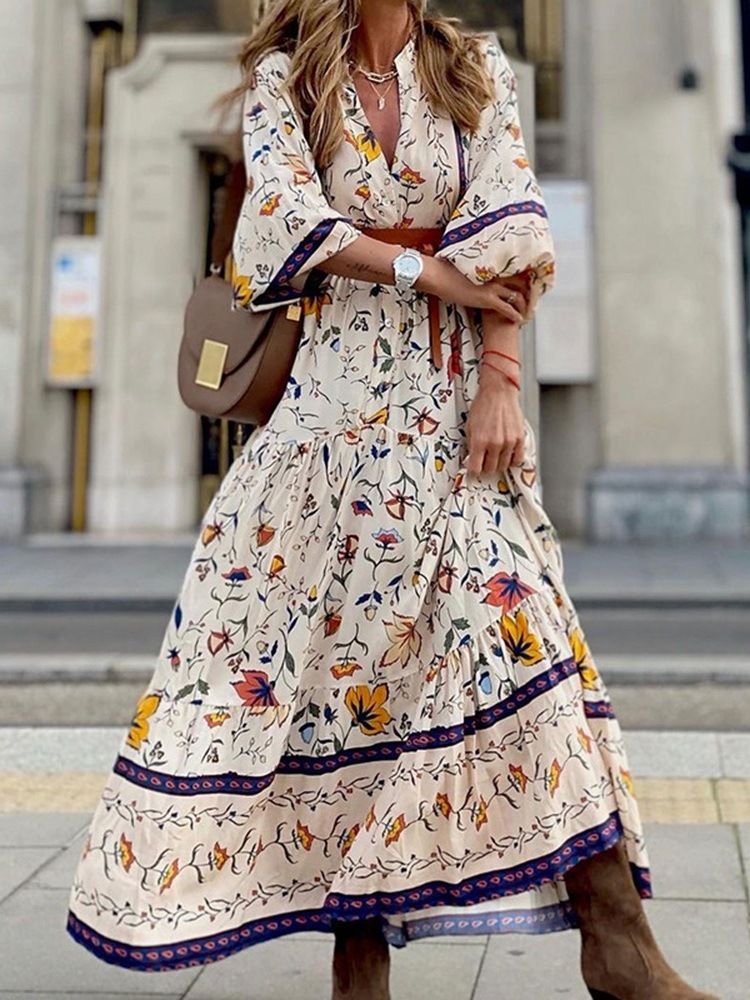 Robe Longue Fleurie À Manches Trois-quarts Et Imprimé Au Sol Pour Femmes