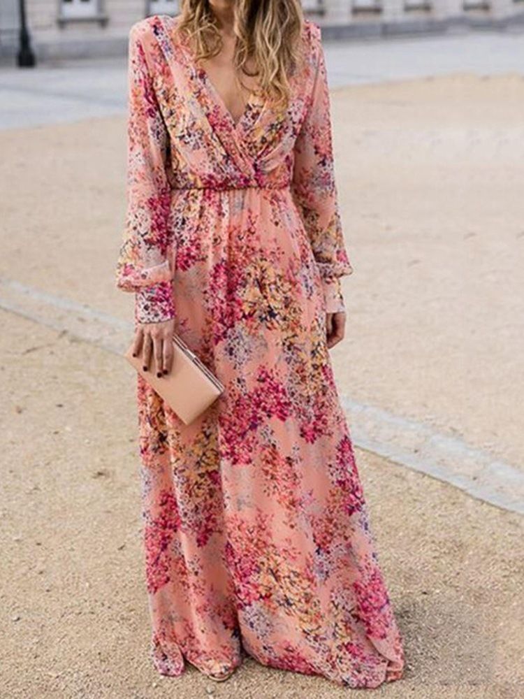 Robe Longue À Fleurs Imprimée À Col En V Et Longueur Au Sol Robes De Plage Pour Femmes