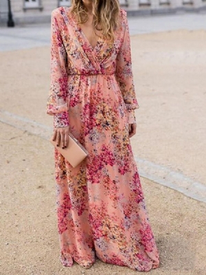 Robe Longue À Fleurs Imprimée À Col En V Et Longueur Au Sol Robes De Plage Pour Femmes