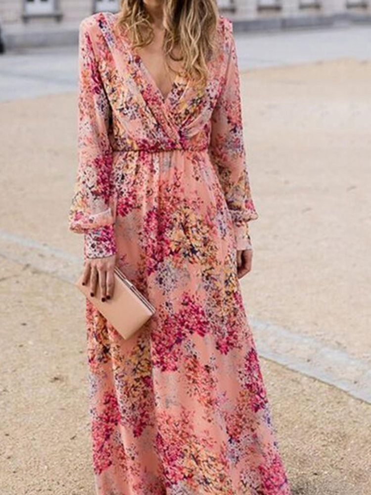 Robe Longue À Fleurs Imprimée À Col En V Et Longueur Au Sol Robes De Plage Pour Femmes