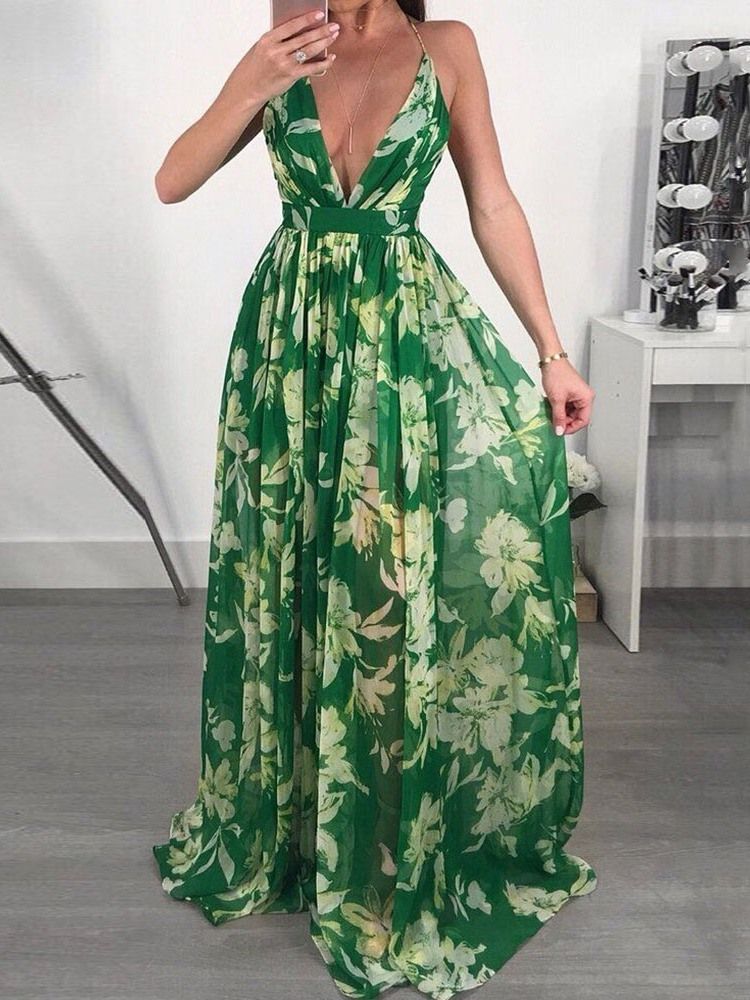 Robe Longue À Fleurs À La Mode Et Dos Nu À Col En V Robes De Plage Pour Femmes