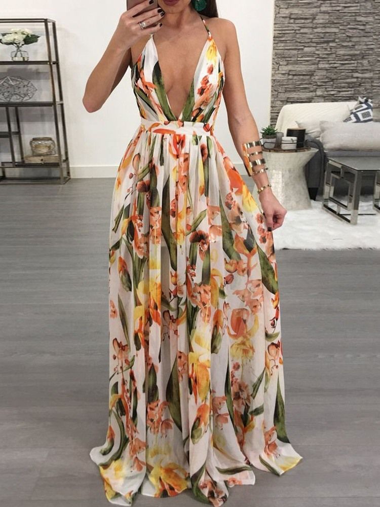 Robe Longue À Fleurs À La Mode Et Dos Nu À Col En V Robes De Plage Pour Femmes