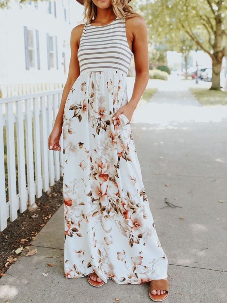 Robe Longue Imprimée À Col Rond Et À Fleurs Robes De Plage Pour Femmes