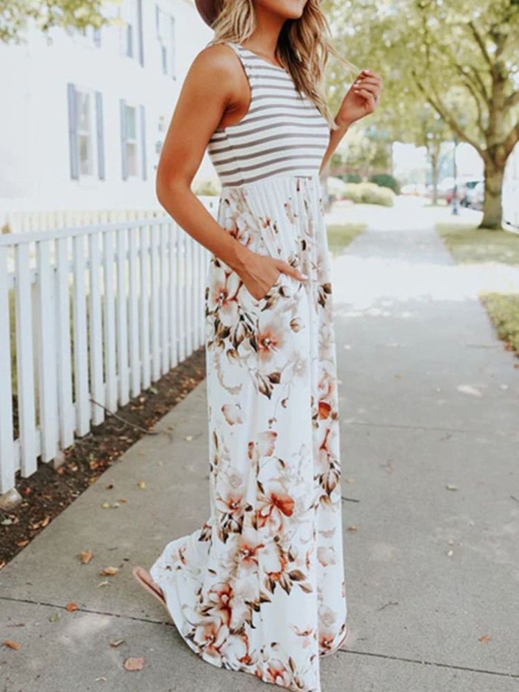 Robe Longue Imprimée À Col Rond Et À Fleurs Robes De Plage Pour Femmes