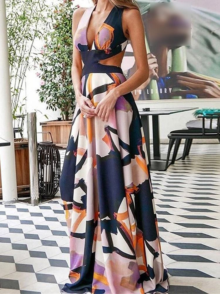 Robe Longue Sans Manches À Col En V Et Au Sol Pour Femmes