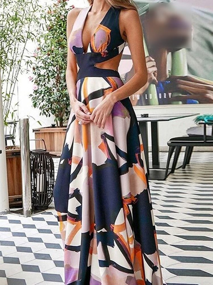 Robe Longue Sans Manches À Col En V Et Au Sol Pour Femmes