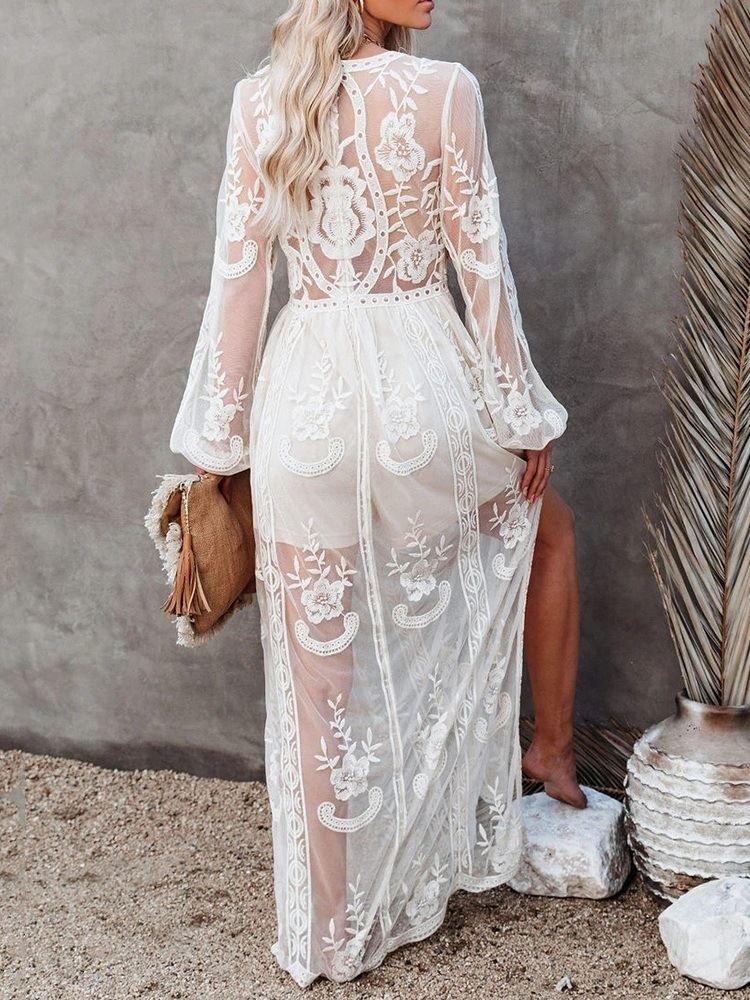 Robe À Manches Longues Transparente Et Longueur Au Sol Pour Femme Unie À Taille Haute