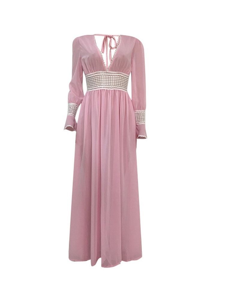 Robe Maxi Dos Nu À Manches Longues Et Col En V Pour Femmes