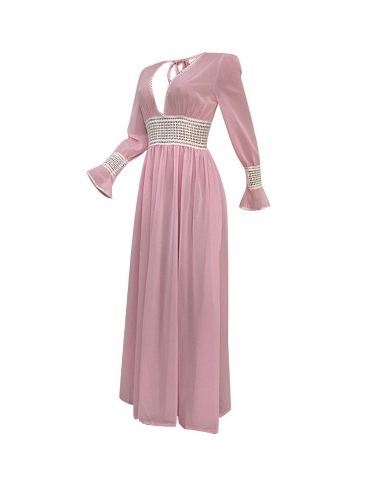 Robe Maxi Dos Nu À Manches Longues Et Col En V Pour Femmes