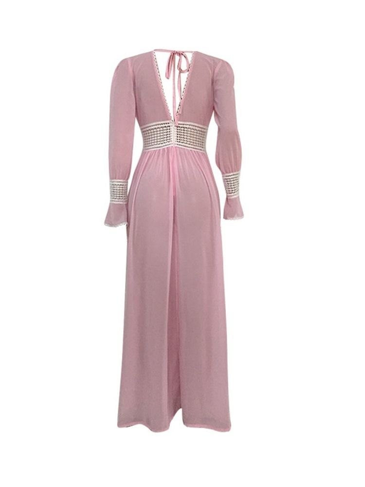 Robe Maxi Dos Nu À Manches Longues Et Col En V Pour Femmes