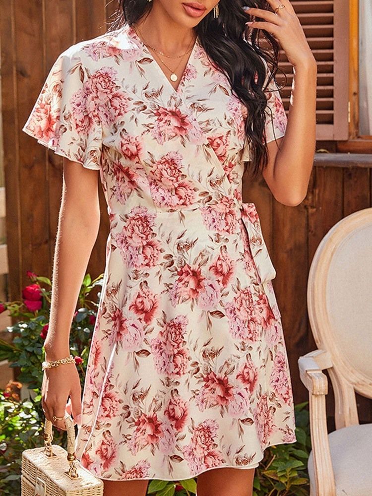 Robe Mi-longue Fleurie À Encolure En V À Lacets Au-dessus Du Genou Pour Femmes