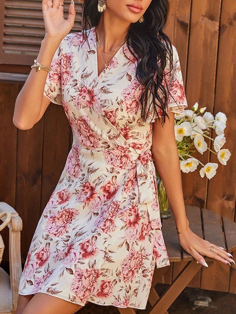 Robe Mi-longue Fleurie À Encolure En V À Lacets Au-dessus Du Genou Pour Femmes