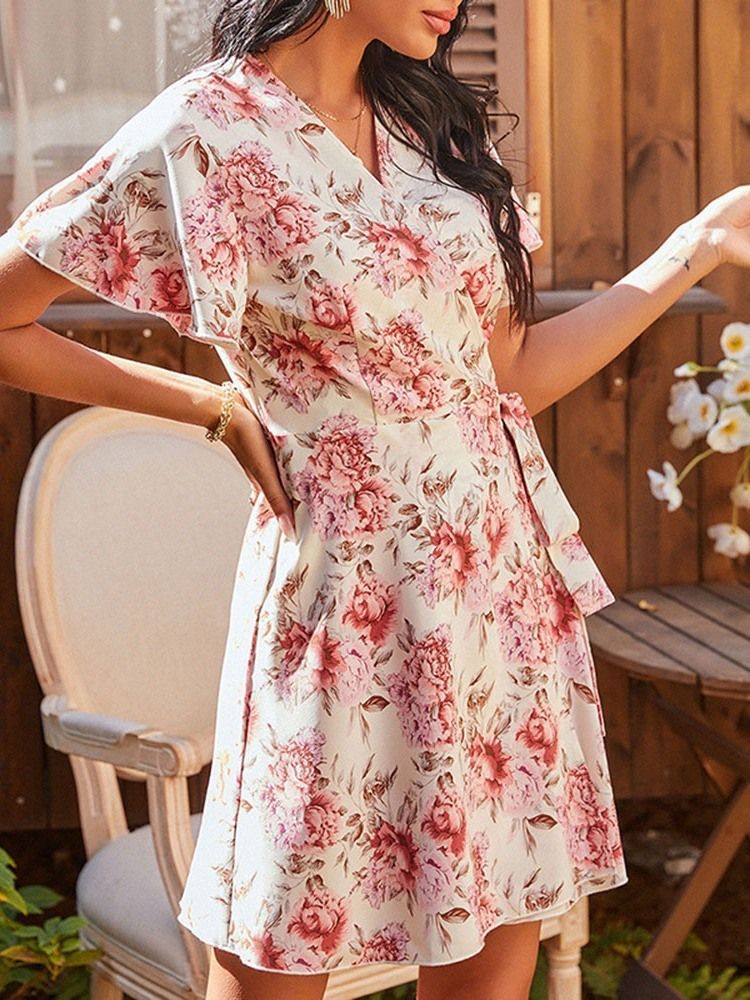 Robe Mi-longue Fleurie À Encolure En V À Lacets Au-dessus Du Genou Pour Femmes