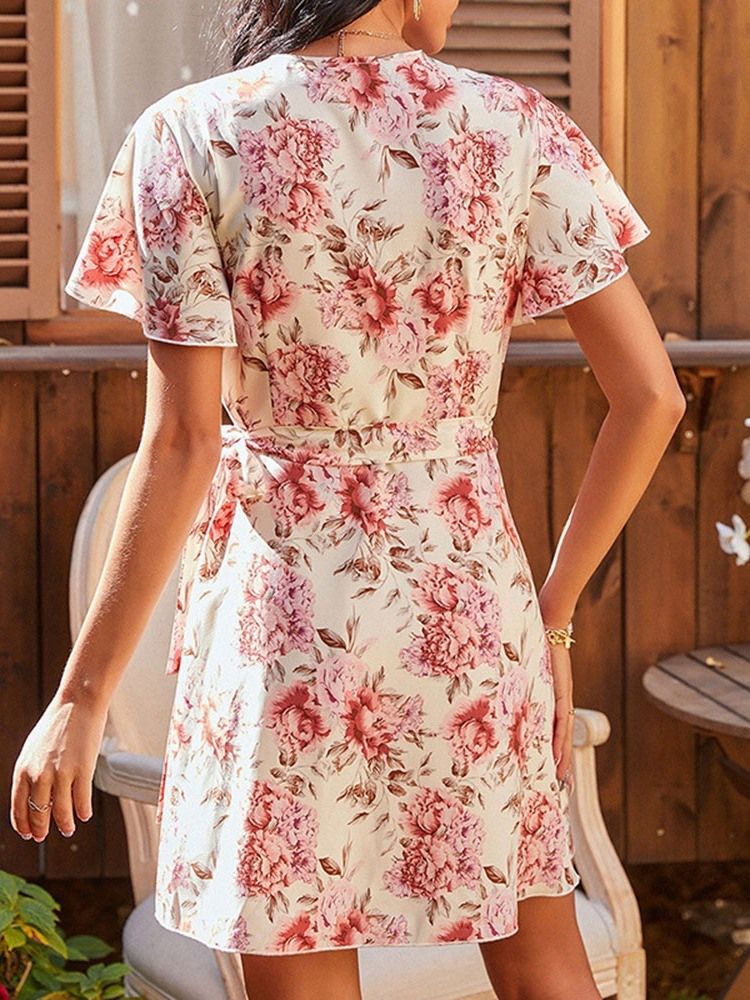 Robe Mi-longue Fleurie À Encolure En V À Lacets Au-dessus Du Genou Pour Femmes