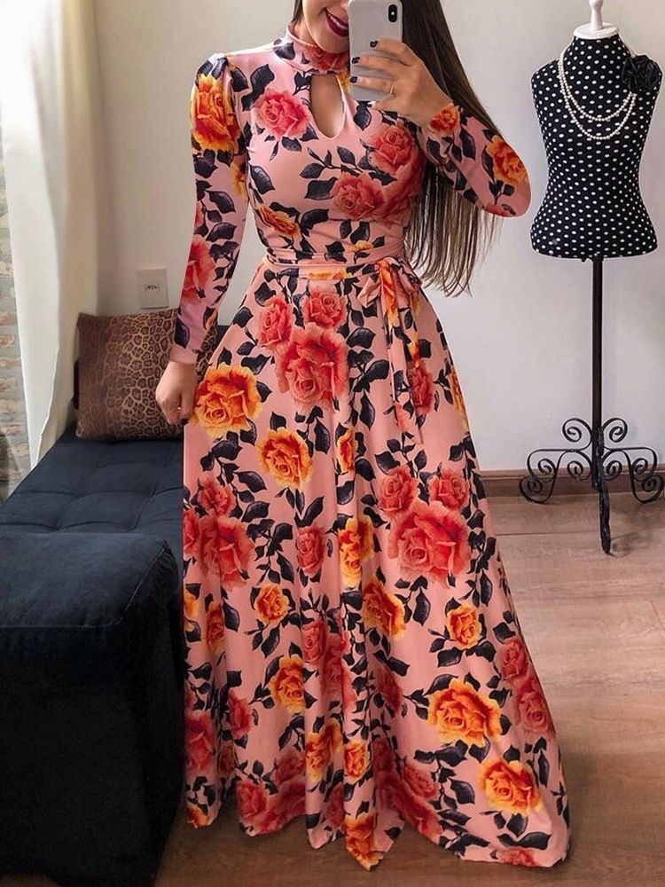 Robe Mi-longue Imprimée À Col En V Et Au Sol Pour Femmes