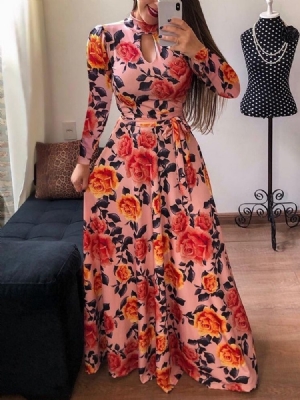 Robe Mi-longue Imprimée À Col En V Et Au Sol Pour Femmes