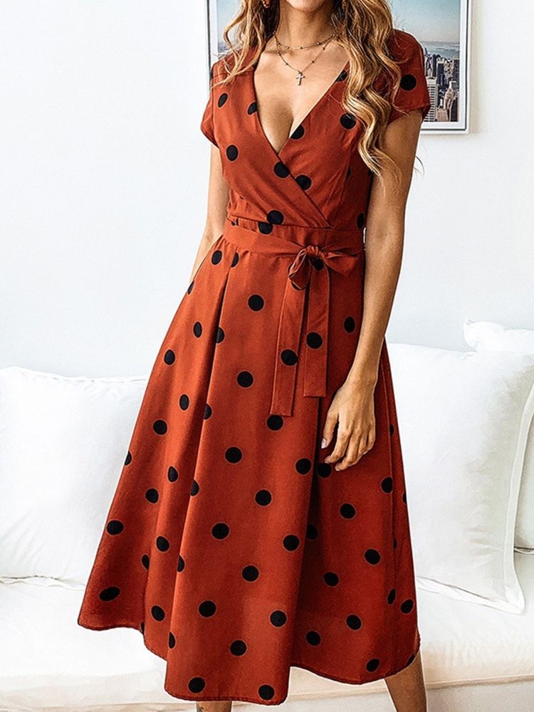 Robe Mi-longue À Manches Courtes Et Col En V Pour Femme Robe Mi-longue