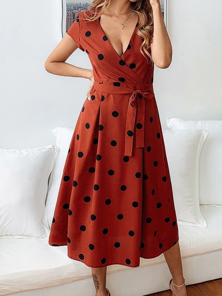 Robe Mi-longue À Manches Courtes Et Col En V Pour Femme Robe Mi-longue