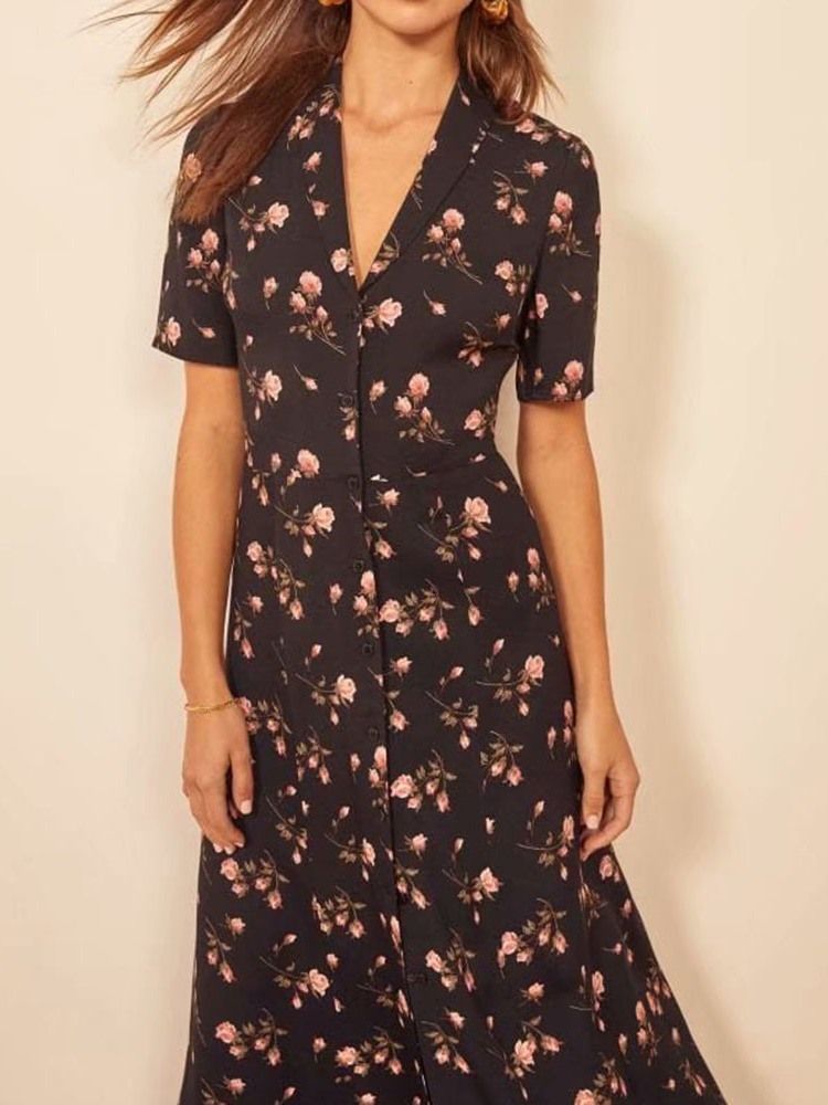 Robe Mi-mollet À Manches Courtes Et Boutonnage Simple Pour Femmes