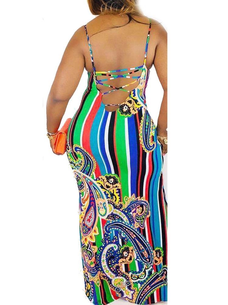 Robe De Mode Africaine Géométrique Dos Nu Sans Manches Au Sol Pour Femmes