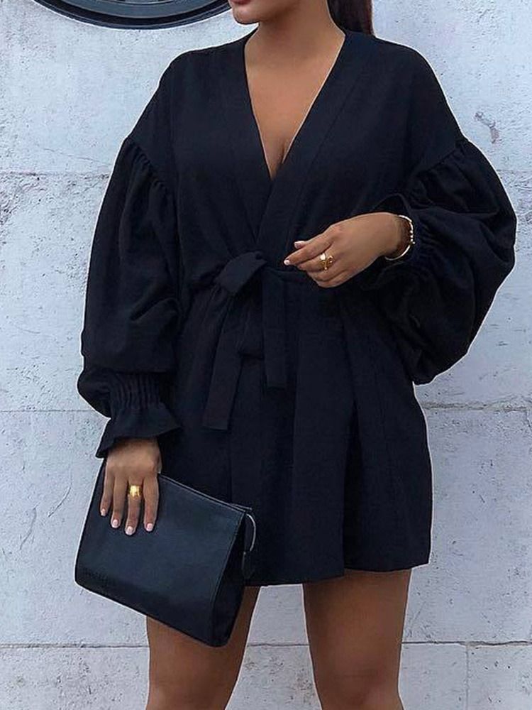 Robe Noire Unie À Manches Longues Et À Lacets Pour Femmes