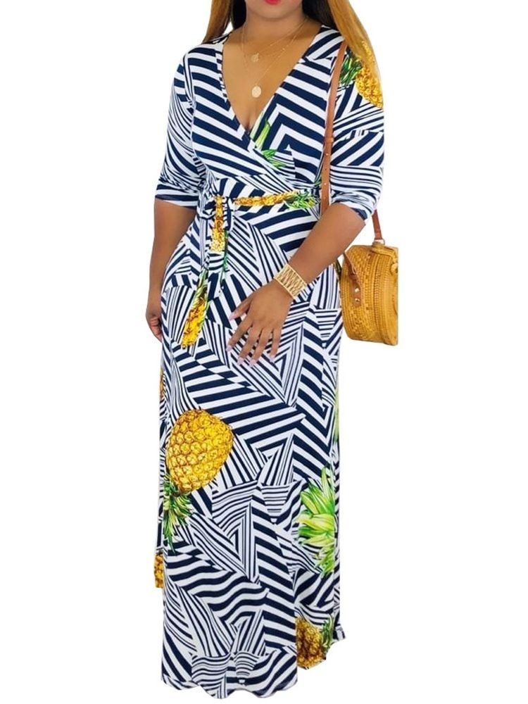 Robe À Rayures Tendance À Col En V Et Imprimé Au Sol Pour Femmes