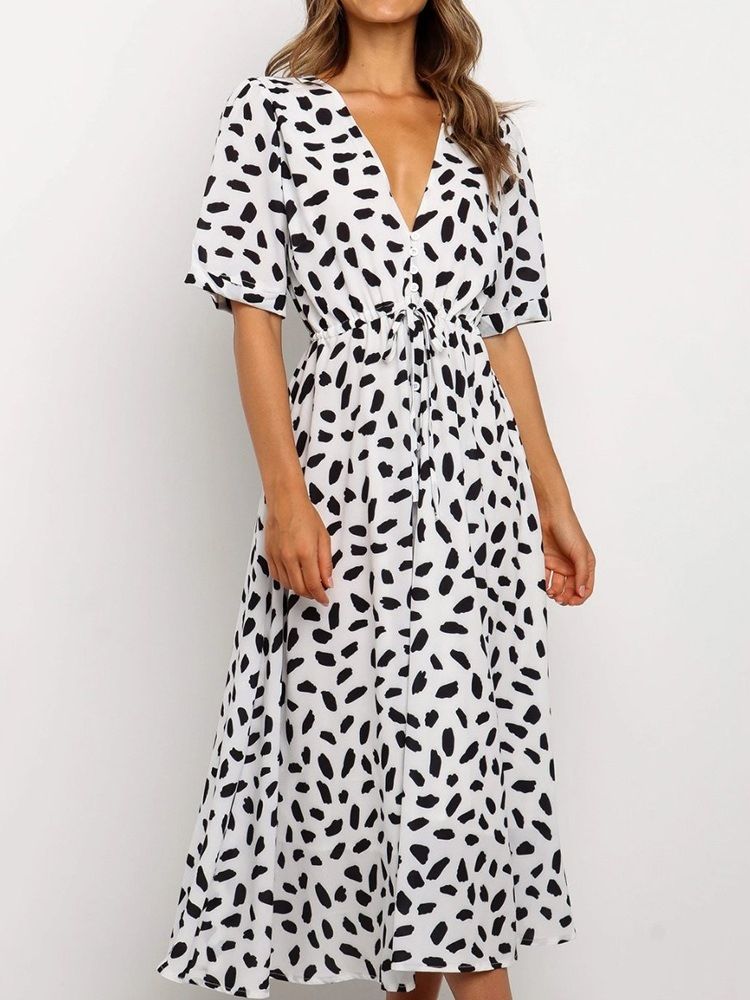 Robe Régulière À Col En V Et À Lacets Mi-mollet Pour Femmes