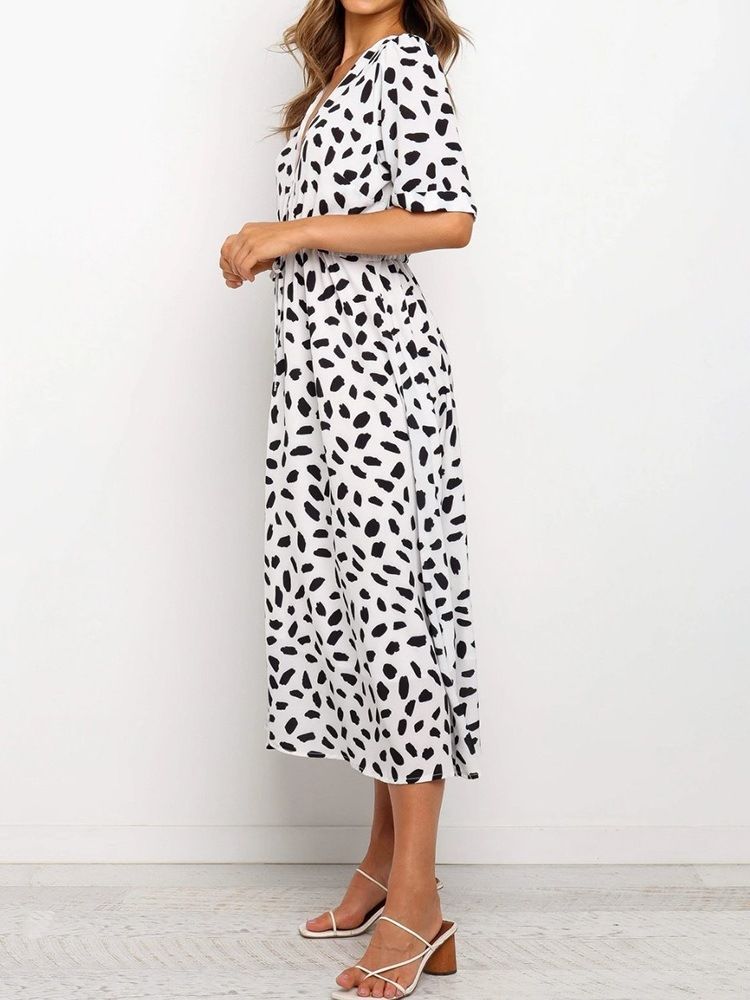 Robe Régulière À Col En V Et À Lacets Mi-mollet Pour Femmes