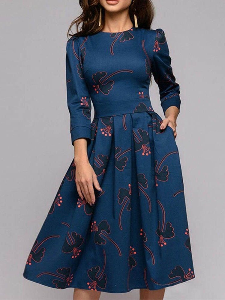 Robe Régulière À Fleurs À Manches Trois-quarts Et Col Rond Pour Femme