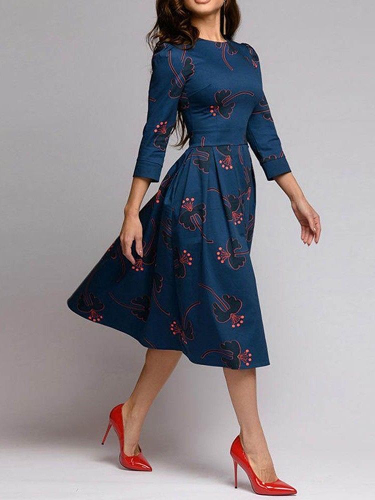 Robe Régulière À Fleurs À Manches Trois-quarts Et Col Rond Pour Femme